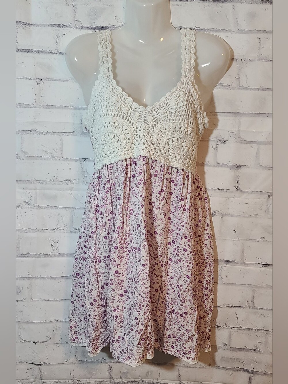 Japna White/Purple Floral Smocked Sundress Crochet Lace Sweetheart Romantic L